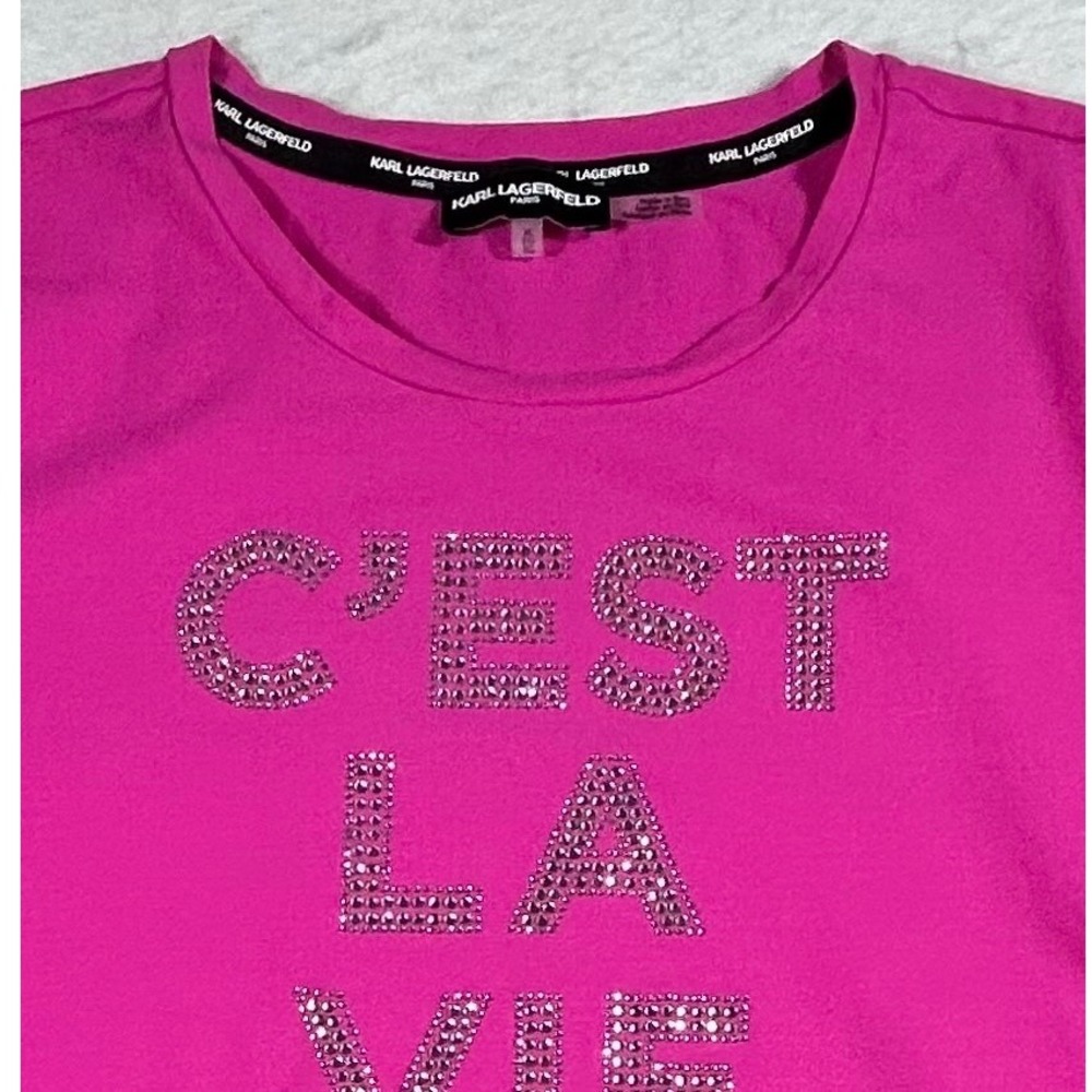 Karl Lagerfeld Paris Womens Magenta C'est La Vie Rhinestone T-Shirt XL Pink